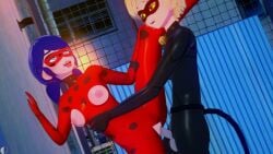 1boy 1girls 3d adrien_agreste alterego blonde_hair blonde_hair_male blue_eyes blue_hair blue_hair_female bodysuit breasts cat_ears cat_noir green_eyes koikatsu ladybug_(character) marinette_cheng marinette_dupain-cheng masked masked_female masked_male miraculous_ladybug orgasm penis public public_sex pussy sex tail torn_bodysuit