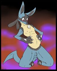 3_fingers anthro backlash91 black_fur blue_fur blush breasts canine claws color duplicate female fur furry kneeling long_ears looking_down lucario navel nintendo open_mouth pink_nipples pokemon pokemon_(species) pussy red_eyes small_breasts small_nipples solo spikes teeth toe_claws video_games