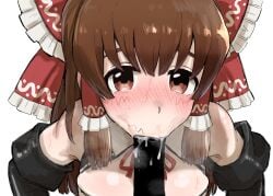 1boy black_gloves blank_censor blush bow breasts brown_eyes brown_hair censored commentary_request cookie_(touhou) cum cum_in_mouth elbow_gloves fellatio female frilled_bow frilled_hair_tubes frills gloves haburashi hair_tubes hairbow hakurei_reimu highres kanna_(cookie) large_breasts looking_at_viewer oral penis red_bow simple_background solo_focus straight touhou transparent_background upper_body