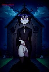 1boy ai_generated femboy flaccid flaccid_penis flat_chest goth gothic graveyard ilfb looking_at_viewer night small_penis standing trap undead