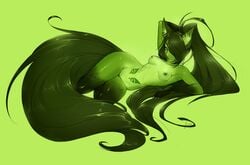 animal_humanoid breasts claws female fox_humanoid furry green_body green_claws green_ears green_eyes green_hair green_markings green_nose green_skin green_tail hair humanoid licheart long_hair markings nipples noxxi_greenrose nude original_character pussy simple_background solo