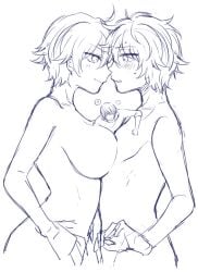 1girls 2boys big_breasts blush breast_press canon_genderswap completely_nude dual_persona female genderswap_(mtf) ginko_sakata gintama gintoki_sakata looking_at_another male miniboy monochrome nervous nude profile rule_63 short_hair side_view sketch smile sweat takasugi_shinsuke very_short_hair yunfa