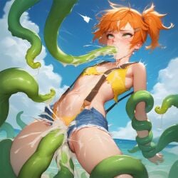 ai_generated crop_top cum cum_covered forced_undressing jean_shorts kasumi_(pokemon) mind_break orange_hair orgasm ripped_clothing shorts side_ponytail small_breasts suspenders tentacle tentacle_grab tentacle_in_mouth tentacle_penetration tentacle_rape tentacle_restraint