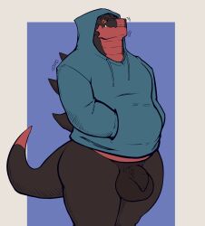 anthro ass balls belly big_balls big_butt black_body black_scales blue_clothing blue_hoodie blue_topwear bottomless bottomless_male chibsarts chiderg clothed clothing dragon flaccid foreskin genitals hi_res hoodie male mythological_creature mythological_scalie mythology penis red_body red_scales scales scalie shaking shivering slightly_chubby slightly_chubby_male solo topwear unretracted_foreskin vein veiny_penis yellow_eyes