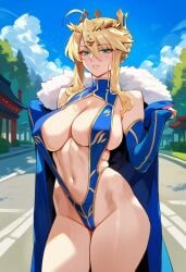 ai_generated artoria_pendragon artoria_pendragon_(lancer) big_breasts blonde_hair braid crown day fate/grand_order fate_(series) female female_focus female_only outdoors solo solo_female solo_focus swimsuit