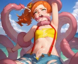 ai_generated crop_top cum cum_covered forced_undressing jean_shorts kasumi_(pokemon) mind_break orange_hair orgasm ripped_clothing shorts side_ponytail small_breasts suspenders tentacle tentacle_grab tentacle_rape tentacle_restraint