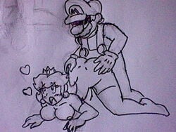 1boy 1girls 2014 breasts crown doggy_style earrings eyeless_male female firegon55 long_hair male mario mario_(series) monochrome nintendo princess_peach shiningtatsu sketch super_mario_bros. supergon55 traditional_media_(artwork)