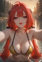 2025 ahoge ai_generated bangs bikini breasts cleavage collarbone female female female_focus green_eyes hoyoverse large_breasts lips lipstick long_hair looking_at_viewer low_twintails makeup mihoyo navel nsfw outdoors outstretched_arms parted_lips partially_submerged red_hair rognezart sky smile solo swimsuit tree twintails ukinami_yuzuha upper_body very_long_hair water wet yellow_bikini zenless_zone_zero