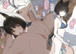 1boy 2_tails ? animal_ear_fluff animal_ears ass bikini black_bikini black_eyes black_hair black_tail blue_archive blue_bikini blue_halo blue_tail breasts cat_ears cat_girl cat_tail censored erection female gradient_tail halo handjob heart kikyou_(blue_archive) kikyou_(swimsuit)_(blue_archive) layered_bikini licking licking_nipple male medium_breasts mosaic_censoring multi_tail multiple_views nipple_stimulation nude official_alternate_costume precum rikoping2000 speech_bubble spoken_question_mark straight swimsuit tail translation_request