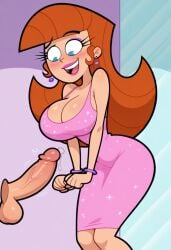 accurate_art_style ai_generated big_breasts blue_eyes brown_hair carly_(fairly_oddparents) cleavage hourglass_figure looking_at_penis nickelodeon penis sparkling_dress sparkly_dress the_fairly_oddparents