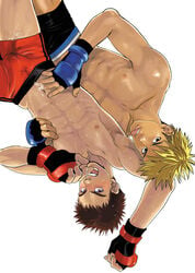 2boys abs black_underwear blank_background blonde blonde_hair blush boxer boxer_briefs boxers brown_hair bulge cum cum_on_lower_body cum_on_upper_body dutch_angle fingerless_gloves gay gloves goma_saba hand_in_pants licking light-skinned_male light_skin male male_nipples multicolored_hair multiple_boys muscle muscles navel nipple_play nippleplay nipples no_pants open_eyes open_mouth original pecs red_underwear saliva simple_background spiked_hair stain sweat teeth teeth_visible tongue tongue_out topless two_tone_hair underwear upside-down wet wet_underwear white_background wrestling yaoi