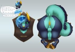 2025 animal_genitalia animal_penis anthro anus balls black_sclera blue_hair chimera cloven_hooves countershading detachable detachable_head dullahan english_text equine_genitalia equine_penis european_mythology facial_piercing genitals grey_body grey_countershading hair hearth_taxel hi_res hooves irish_mythology male misscinnabunnie modular mounted_trophy multicolored_hair mythology nose_piercing nose_ring nude penis piercing pupils purple_body ring_piercing slit_pupils solo speech_bubble spiked_tail spikes spikes_(anatomy) tail text trophy_head two_tone_hair yellow_anus yellow_eyes