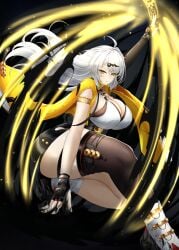 1girls ass big_ass big_breasts breasts bubble_butt busty cleavage clothing crouching female female_only huge_ass huge_breasts ink large_breasts light looking_at_viewer mhaknow solo squatting talisman thick_thighs thunder_thighs white_hair wide_hips yellow_eyes yixuan_(zenless_zone_zero) zenless_zone_zero