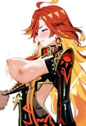 1female ai_generated blush blushing bouncing_breasts breasts_out closed_eyes earrings embarrassed embarrassed_female erect_nipples exposed_breasts genshin_impact gritted_teeth hoyoverse humiliated humiliation latex_bodysuit long_orange_hair mavuika_(genshin_impact) mihoyo top_pulled_down white_background zipper