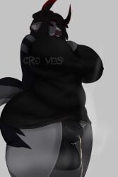 absurd_res animal_genitalia anonymous_artist anthro aroused belly big_breasts black_clothing bodily_fluids bovid bovine breasts cattle clothing cr0_ves genital_fluids genitals hi_res horn male mammal musk musk_clouds musky_penis nemzith nonbinary_(lore) peeing penis sheath solo solo_focus sweat thick_thighs throbbing throbbing_penis urine watersports