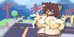 almost_naked artist_signature blocky_body brown_eyes brown_hair cat_ears english_text fishnet_armwear fishnet_legwear fishnets gacha gacha_heat hi_res highres holding_breast koracaesh lightpost long_hair milk milking_breasts outdoors outside roblox roblox_game robloxian shark_girl shark_tail simple_coloring simple_shading something_evil_will_happen street text thighhighs tree