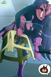 1girls balls balls_stuck black_hair chair cleavage_cutout cleavage_window closed_eyes demon demon_girl demon_horns female female_focus female_only helluva_boss high_heels imp meme millie_(helluva_boss) pain red_skin sallie_may_(helluva_boss) shocked shocked_expression skirt stuck testicles testicles_stuck the-butch-x vivziepop yellow_sclera