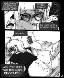 after_orgasm after_sex after_vaginal bangs black_dress blush blush_lines comic comic_page comic_panel comic_strip cuck cuckold cuckolding cum cum_drip cum_dripping cum_dripping_from_penis cum_dripping_out_of_pussy cum_in_pussy cum_inside dress dress_lift drool drool_string drooling english english_commentary english_dialogue english_text face_down face_down_ass_up face_on_pillow glasses lidipon lying lying_down lying_on_bed lying_on_stomach messed_up_hair monochrome netorare ntr original original_character original_characters panties panties_down panties_removed phone phone_call pillow pillow_grab pillow_hug tagme text