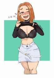 1girls blush blush bra clothed clothes_lift clothing denim english_text female heart heart jeteggs large_breasts open_mouth shiunji-ke_no_kodomotachi shiunji_banri skirt solo solo_female solo_focus talking talking_to_another tease teasing thick_thighs