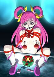 ball_gag bondage bow christmas christmas_wreath cure_dream female gag gagged magical_girl nipples precure pretty_cure ribbon small_breasts spread_legs spreader_bar tare-katsu tears vibrator yes!_precure_5 yumehara_nozomi