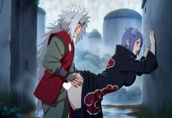 1boy 1girls against_wall ai_generated akatsuki_(naruto) alley big_ass big_butt big_penis blonde_hair blue_hair breasts city clothed_sex clothing coat convenient_censoring curvaceous curvy curvy_female curvy_figure female flower_in_hair fucked_silly heart huge_ass jiraiya kimono konan long_hair makeup male male/female muscular muscular_male naruto naruto_(series) naruto_shippuden pants_down piercing plum_ai raining sex short_hair sideboob straight teacher_and_student very_long_hair water_drop white_hair