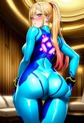 ai_generated ass_visible_through_clothes back_view big_ass blonde_hair blonde_hair_female blush blushing bodysuit cosplay ear_piercing earrings embarrassed embarrassed_female kitagawa_marin nice_ass ponytail_(hair) ponytail_female samus_aran_(cosplay) sono_bisque_doll_wa_koi_wo_suru tight_ass touching_own_ass
