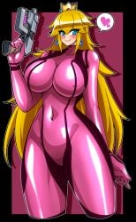 1girls black_border blonde_hair blue_eyes blush bodysuit border breasts commentary_request cropped_legs crown earrings female gold_crown gun heart hexagon highres holding holding_gun holding_weapon impossible_bodysuit impossible_clothes iriomote_umineko jewelry large_breasts long_hair looking_at_viewer mario_(series) metroid nintendo paralyzer pink_bodysuit princess_peach samus_aran_(cosplay) shiny_clothes skin_tight solo speech_bubble spoken_heart turtleneck turtleneck_bodysuit weapon zero_suit