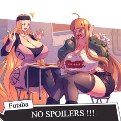 2girls alternate_breast_size blonde_hair cleavage female_only fortune_teller glasses headband huge_breasts leggings long_hair mifune_chihaya n647 nipple_bulge orange_hair persona persona_5 sakura_futaba very_long_hair