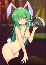 :3 alternate_costume animal_ears areolae arm_support bare_legs bare_shoulders bent_over blush breasts bunny_ears bunny_tail c.c. card carrying cleft_of_venus code_geass collarbone fake_animal_ears female female fingernails green_hair hair_between_eyes hairband hands hips indoors kishiri_toworu leaning_forward lips long_fingernails long_hair long_image looking_at_viewer mound_of_venus navel nipples nude nude_filter outstretched_arm photoshop playing_card purple_background pussy reflection shiny shiny_hair shiny_skin smile solo spotlight standing table tail tall_image thighs tray uncensored waitress yellow_eyes