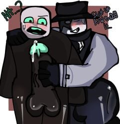 artful_(die_of_death) artlurkervx blocky_body bulge_through_clothing die_of_death_(roblox) gloved_handjob hat huge_ass huge_balls huge_cock jacking_off_another precum pursuer_(die_of_death) roblox roblox_game robloxian sweating teasing white_skin