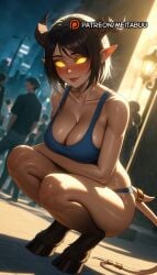 ai_generated arm_under_breasts bare_shoulders black_hair blizzard_entertainment blue_bra blue_panties blue_sports_bra blurry blurry_background blush breasts cleavage closed_mouth collarbone colored_sclera dark-skinned_female dark_skin digitigrade draenei dutch_angle female glowing glowing_eyes hooves horns lamppost large_breasts lips looking_at_viewer meitabuu monster_girl night no_pupils outdoors panties pointy_ears red_lips short_hair smile solo_focus sports_bra squatting sweat tail tail_ornament tail_ring underwear warcraft world_of_warcraft yellow_eyes yellow_sclera
