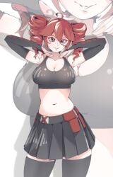 1girls 2d 2d_(artwork) absolute_territory ahoge armpits arms_up armwear belly big_breasts breasts cleavage exposed_belly exposed_torso female female_only kasane_teto kasane_teto_(voicepeak) large_breasts mandragora_(artist) navel red_eyes red_hair skirt sports_bra thick_thighs thighhighs thighs topwear twin_drills utau voicepeak white_background wide_hips