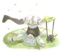 1girls arknights camera fallen_down female green_eyes panties scene_(arknights) sock stripes surprised_expression tie upside-down white_hair