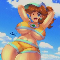 1girls big_breasts boobs breasts low-angle_view lueduar mario_(series) mario_kart mario_kart_world nintendo princess_daisy princess_daisy_(swimwear) shorts sports_bra underboob