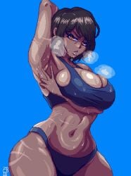 1girls arm_up armpits big_breasts blue_background brown_eyes brown_hair dark-skinned_female dark_skin ear_piercing earrings female limbus_company looking_at_viewer mature_female outis_(limbus_company) partially_clothed pixel_art project_moon scar short_hair solo_female steam sweat thick thick_thighs underwear zolotokos