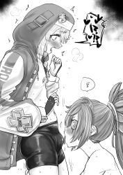 1boy 1girls absurdres androgyne_symbol baiken big_hair bike_shorts black_gloves blonde_hair blush breasts bridget bulge bulge_to_face eyepatch facial_tattoo female fingerless_gloves gloves guilty_gear guilty_gear_strive heart highres hood hood_up hooded_jacket hoodie jacket kaiman_garupan large_breasts licking_bulge long_hair long_sleeves male medium_hair nipples one-eyed open_clothes open_hoodie open_mouth ponytail scar scar_across_eye scar_on_face speech_bubble spoken_heart spoken_squiggle squiggle tattoo trans trans_woman transfem transgender transgender_woman trap