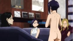 2boys 2girls aizawa_shouta ass back_view bare_ass black_hair blonde_hair jirou_kyouka kyoka_jiro lincylover_(artist) looking_at_another mika_jiro nude_edit nude_filter nudist only_one_naked purple_hair screenshot_edit sitting standing