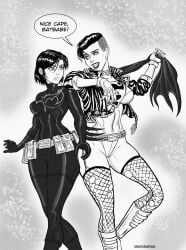 1boy 1girls 2girls asian asian_female batgirl_(cassandra_cain) batman_(series) cassandra_cain colorless conner_kent dc dc_comics english_dialogue english_text female female/female female_only fishing_net kon-el kryptonian lipstick male rule_63 short_hair superboy superboy_(conner_kent) superheroine superman_(series) thighs topless yuri ziggysketch