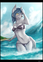 2012 anthro athe bikini blue_hair cameltoe canine female fur furry hair looking_at_viewer one_eye_closed sea seaside skimpy solo swimsuit vexxy water wolf