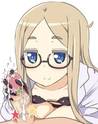 1boy 1girls black_bra black_gloves black_panties blonde_hair blue_eyes bra censored clothing cum female glasses gloved_handjob gloves handjob labcoat light-skinned_female light-skinned_male light_skin long_hair natasha_(sekai_seifuku) panties penis sekai_seifuku:_bouryaku_no_zvezda smile solo_focus star take_(shokumu-taiman) underwear white_background