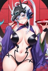 1girls :o ai_generated alcohol blue_eyes blush breasts cosplay crossover cup drinking_wine fate/grand_order fate_(series) female female_focus female_only helmet japanese_clothes kimono large_breasts looking_at_viewer off_shoulder off_shoulder_kimono open_kimono partially_clothed purple_kimono revealing_clothes sakazuki sake shuten_douji_(fate) shuten_douji_(fate)_(cosplay) solo solo_female solo_focus swordsoul_of_mo_ye thick_thighs thigh_gap thighhighs thighs white_hair wine yu-gi-oh!