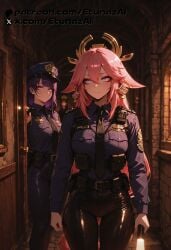 2girls ai_generated breasts etunazai genshin_impact pink_hair police_uniform purple_eyes purple_hair raiden_shogun yae_miko yae_miko_(genshin_impact)