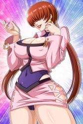 breasts brown_hair cleavage_cutout clothing_cutout dress earrings female hair_over_eyes heart heart_earrings highres jewelry king_of_fighters large_breasts leotard lipstick makeup purple_leotard sano-br shermie_(kof) skirt snk upskirt