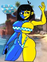 1girls 2022 2d_(artwork) beach bikini dialogue digital_media_(artwork) ena_(orginal) ena_(series) female_only greeting_viewer hillside latexspur one_arm_up pixelated skimpy_bikini swimsuit team_fortress_2 text text_bubble visible_areolae
