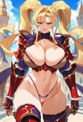 1girls 2d ai_generated armor big_breasts blonde_hair cleavage female female_focus female_only gauntlets granblue_fantasy long_hair outdoors panties solo solo_female solo_focus tagme thighhighs twintails zeta_(granblue_fantasy)