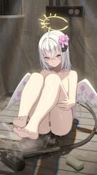 absurdres azusa_(blue_archive) bar_censor bare_shoulders barefoot blue_archive censored completely_nude crossed_bangs female flower hair_between_eyes hair_flower hair_ornament halo highres kitabana long_hair looking_at_viewer low_wings nude purple_eyes pussy shampoo_bottle shower_head soap solo toes white_hair white_wings wings yellow_halo