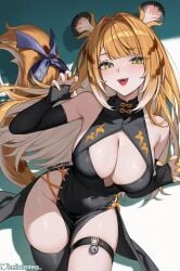 aged_up alternate_costume animal_ear_fluff bare_shoulders black_dress black_thighhighs blonde_hair breasts china_dress chinese_clothes claw_pose cleavage colored_inner_hair commentary covered_navel cowboy_shot dress female fingernails green_eyes hair_intakes helloimtea highres ju_fufu large_breasts long_fingernails looking_at_viewer multicolored_hair nail_polish open_mouth paid_reward_available pelvic_curtain single_thighhigh smile solo tail thigh_strap thighhighs twitter_username white_hair yellow_nails zenless_zone_zero