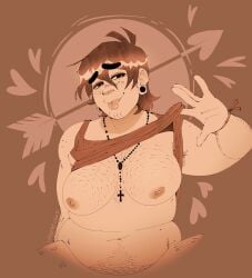 1boy :p abstract_background armpit_hair arrow body_hair breasts chest_hair fern_(wawaamelon) freckles gauged_ear hearts_around_head hearts_in_eyes looking_at_viewer mexican monochrome nipples nonbinary original original_character pinup presenting_breasts pubic_hair rosary shirt shirt_lift sleeveless_shirt solo tongue_out transgender transgender_male transmasc wawaamelon