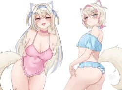 2girls :d absurdres alternate_costume animal_ear_fluff animal_ears arms_behind_back ass bandaid bandaid_hair_ornament bikini blonde_hair blue_bikini blue_eyes blue_hair blue_hairband breasts choker cleavage closed_mouth covered_navel crossed_bangs dog_ears dog_girl dog_tail double-parted_bangs female frilled_bikini frilled_one-piece_swimsuit frills fuwamoco fuwawa_abyssgard hair_between_eyes hair_ornament hairband hairclip highres hololive hololive_english hololive_english_-advent- horn_hairband large_breasts long_hair looking_at_viewer mococo_abyssgard multicolored_hair multiple_girls one-piece_swimsuit open_mouth pink_choker pink_eyes pink_hair pink_hairband pink_one-piece_swimsuit short_hair siblings simple_background sisters smile soup_(soupysoull) streaked_hair striped_bikini striped_clothes swimsuit tail twins two_side_up virtual_youtuber white_background x_hair_ornament