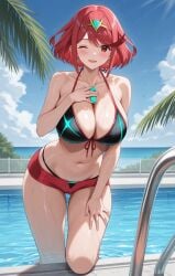 1girl ;d ai-created ai_generated bangs bare_shoulders beach bikini black_bikini black_swimsuit blue_sky blush breasts chest_jewel clavicle cleavage clothing cloud crown day earrings female female_only halterneck hand_on_chest hand_on_own_chest hand_on_own_thigh hand_on_thigh headpiece headwear high_resolution homura_(xenoblade_2) jewelry ladder large_breasts leaning_forward looking_at_viewer micro_shorts multicolored multicolored_clothes navel ocean one_eye_closed open_mouth outdoors palm_tree partially_submerged pool pool_ladder poolside portrait pyra_(xenoblade) red_bikini red_eyes red_hair red_shorts red_swimsuit rena_aikawa_(pixiv_user) short_hair short_shorts shorts skindentation sky smile solo standing stomach swept_bangs swimsuit thick_thighs thighs tiara tree wading water wet wink xeno_(series) xenoblade_(series) xenoblade_chronicles_2
